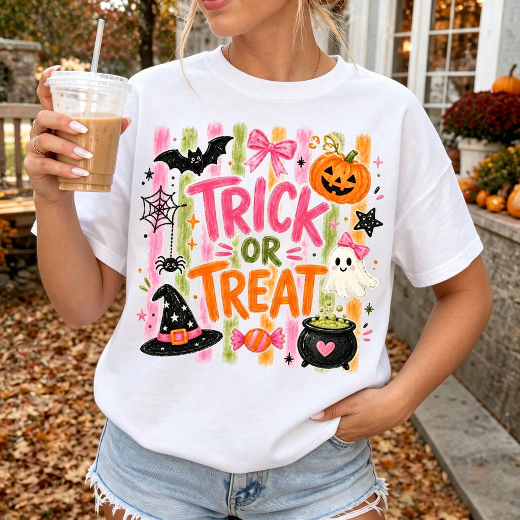 Women Trick Or Treat Halloween Graphic T?Shirt, Coquette Pink Bow Pumpkin Ghost Bat Print Crew Neck Short?Sleeve Casual Fall Tee