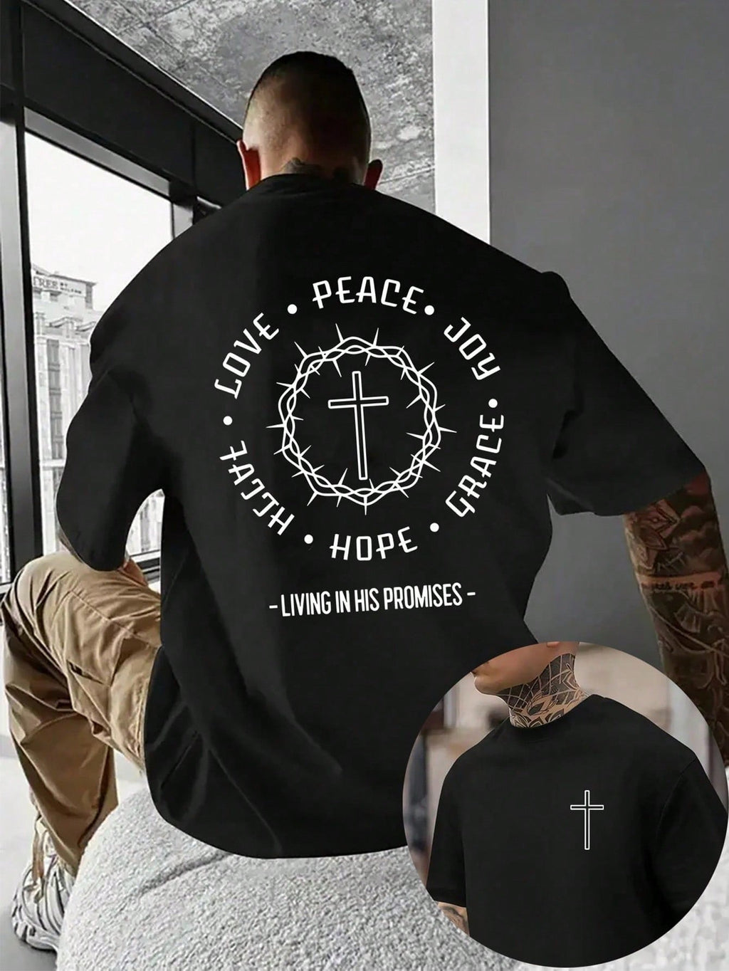 Mens Clothes Streetwear, Christian Faith Cross Crown Of Thorns Graphic Tee, Casual Daily Wear Summer Spring, Gift For Religious Men Boyfriend Husband