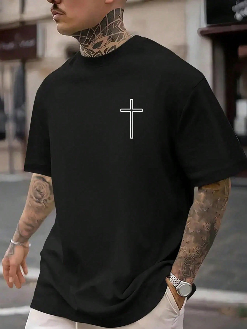Mens Clothes Streetwear, Christian Faith Cross Crown Of Thorns Graphic Tee, Casual Daily Wear Summer Spring, Gift For Religious Men Boyfriend Husband