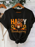 Women Festive Thanksgiving Short Sleeve Tee, Happy Thanksgiving Turkey Sunflower Pumpkin Print Round Neck Casual Autumn T‑Shirt