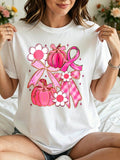 Cute Graphic, Casual Round Neck T-Shirt, Pink Ribbon Pumpkin Flower Print, Autumn Breast Cancer Awareness, Gift For Mom Wife Sister