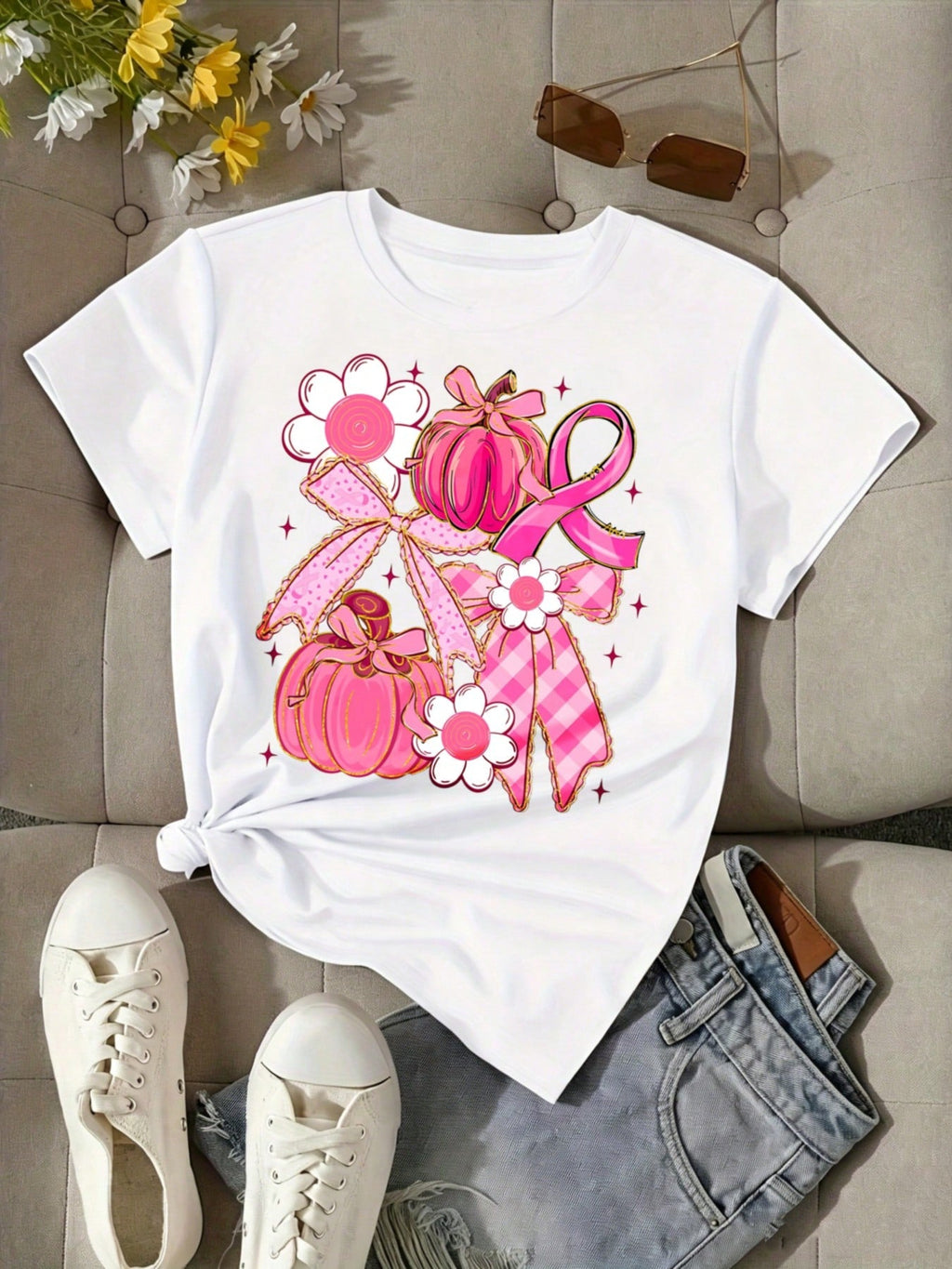 Cute Graphic, Casual Round Neck T-Shirt, Pink Ribbon Pumpkin Flower Print, Autumn Breast Cancer Awareness, Gift For Mom Wife Sister