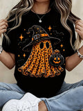 Women's Halloween Leopard Ghost T Shirt Witch Hat Pumpkin Print Tee Short Sleeve Casual Top Fall Party Outfit