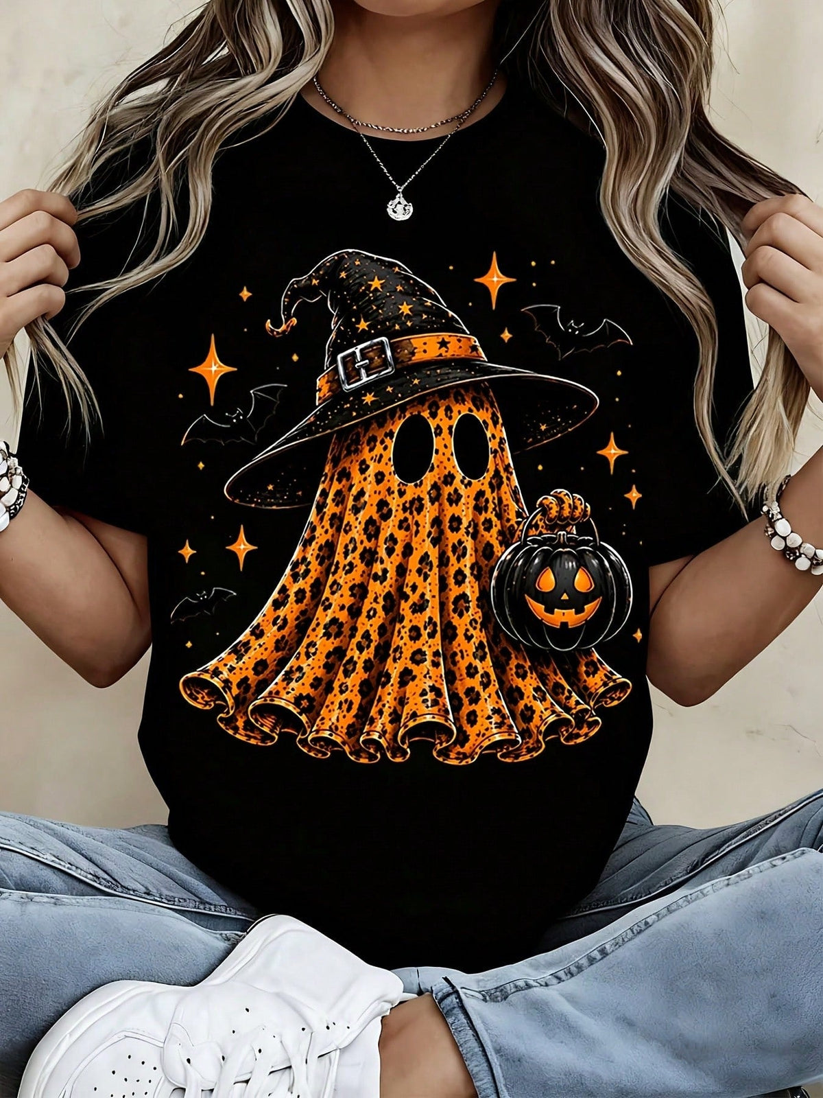 Women's Halloween Leopard Ghost T Shirt Witch Hat Pumpkin Print Tee Short Sleeve Casual Top Fall Party Outfit