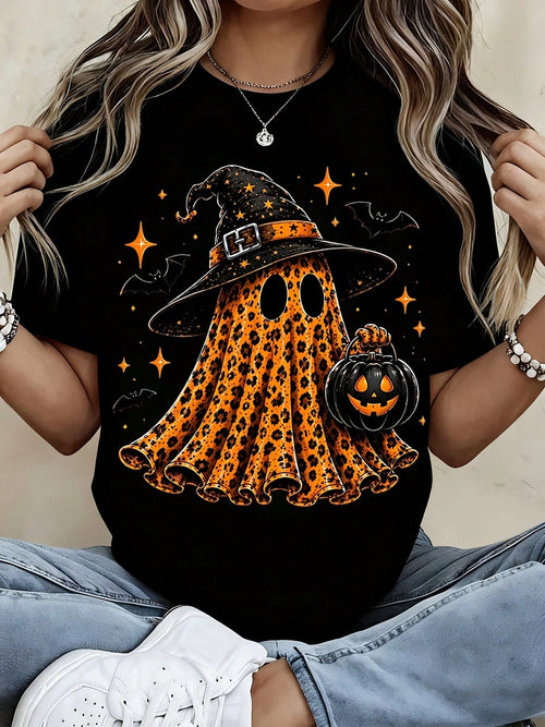 Women's Halloween Leopard Ghost T Shirt Witch Hat Pumpkin Print Tee Short Sleeve Casual Top Fall Party Outfit