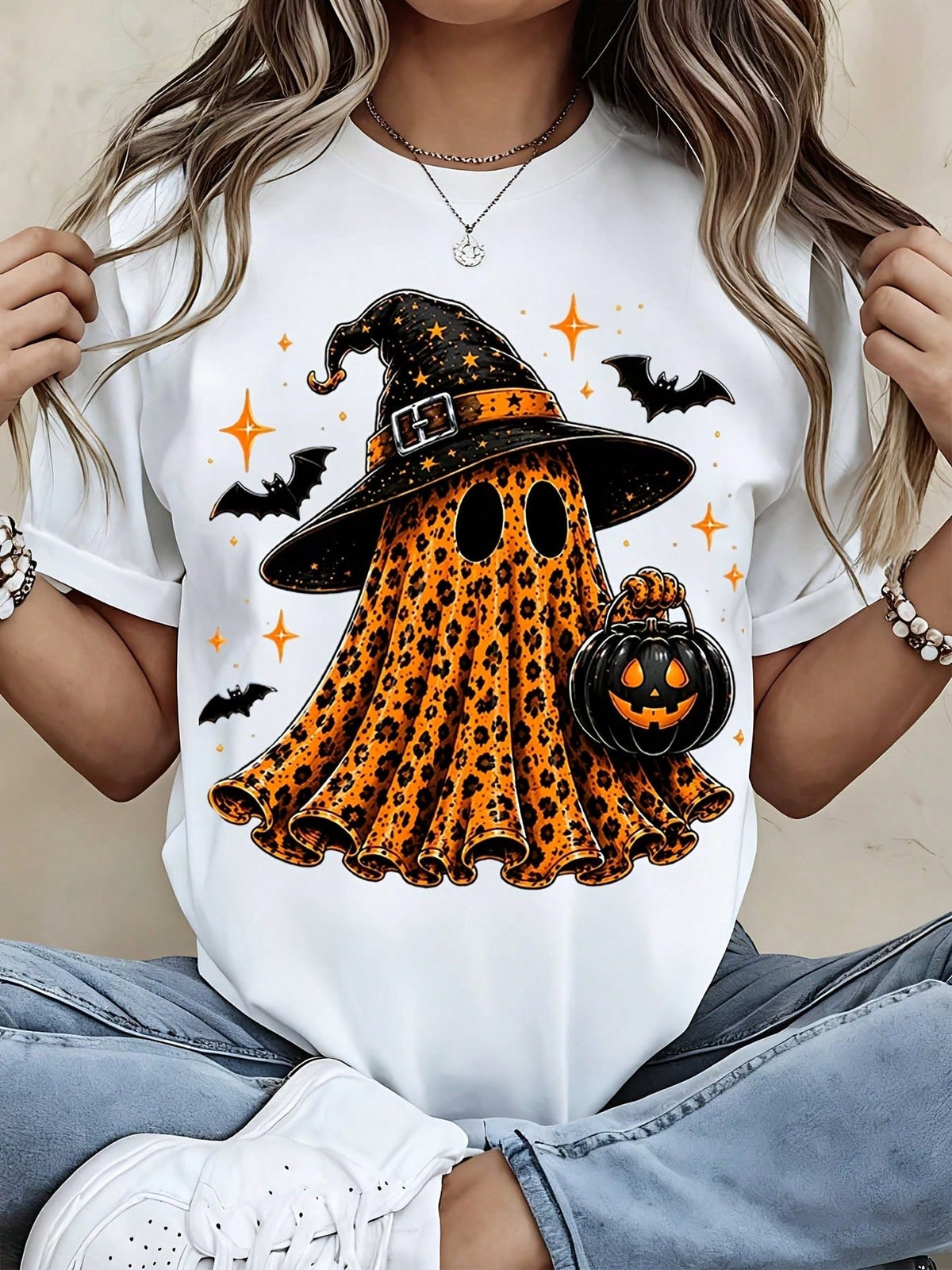 Women's Halloween Leopard Ghost T Shirt Witch Hat Pumpkin Print Tee Short Sleeve Casual Top Fall Party Outfit