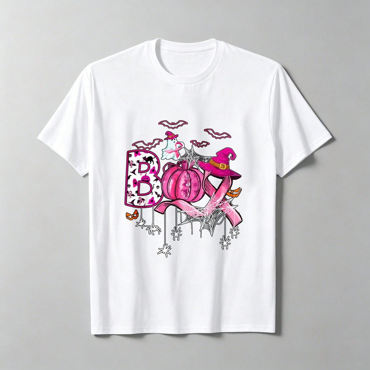 Boo Halloween Pumpkin Pink Ribbon Witch Breast Cancer T-Shirt, Loose Fit Printed T-Shirt, Festive Attire, Suitable For Family Fun.