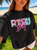 Friyay Fun Colorful Graphic T?Shirt for Women, Cute Bow Retro Checker Casual Short Sleeve Trendy Daily Wear Tee