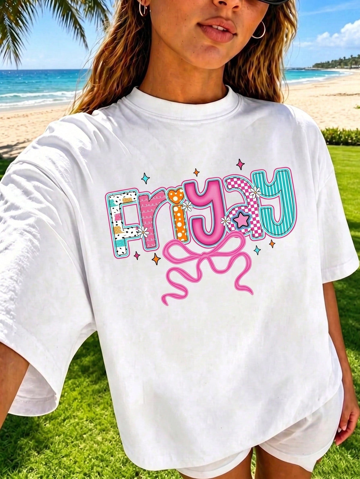 Friyay Fun Colorful Graphic T?Shirt for Women, Cute Bow Retro Checker Casual Short Sleeve Trendy Daily Wear Tee