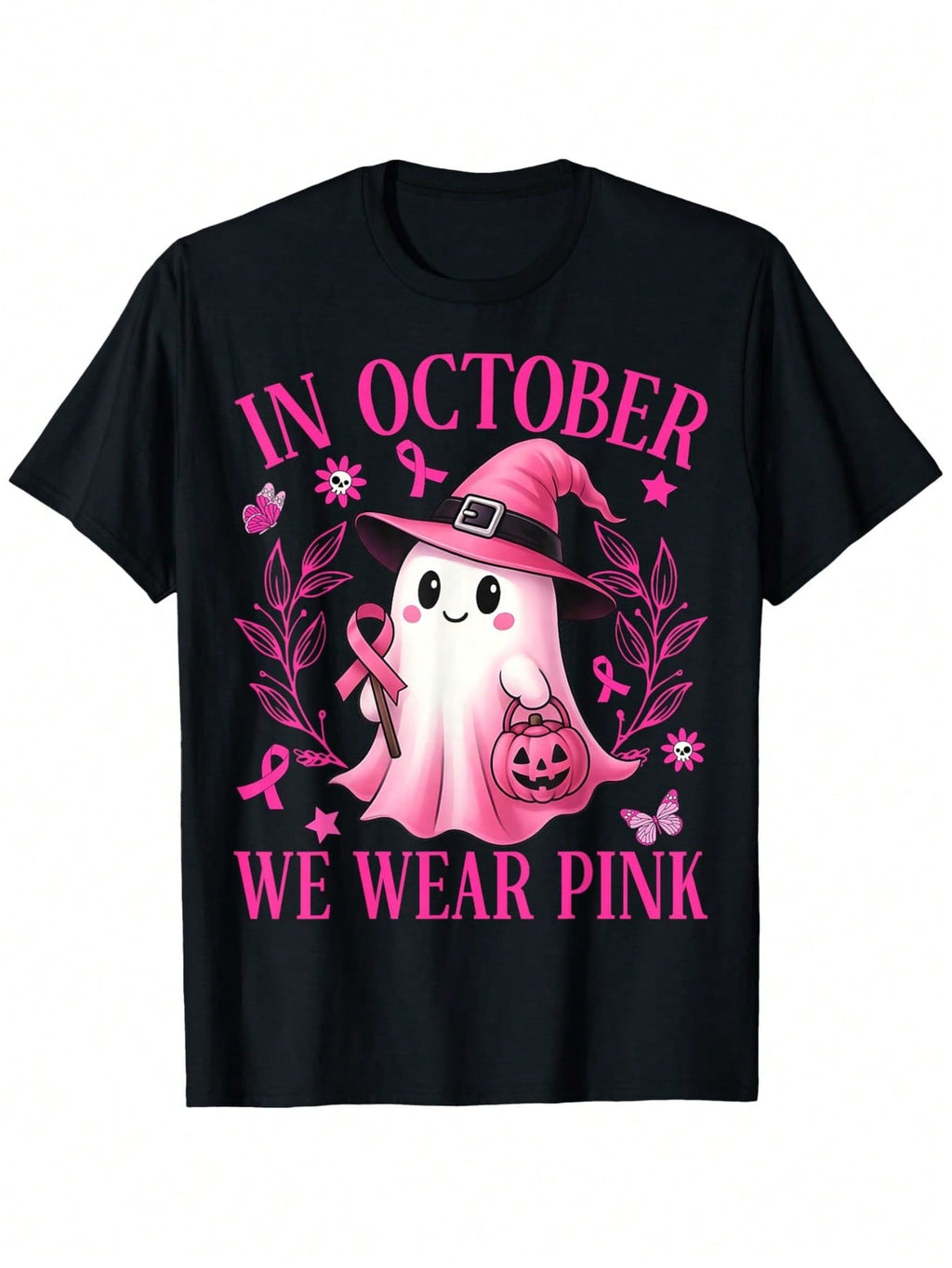 In October We Wear Pink Breast Cancer Awareness Halloween Ghost Witch Shirt Women Funny Autumn Festival Graphic Tee Top