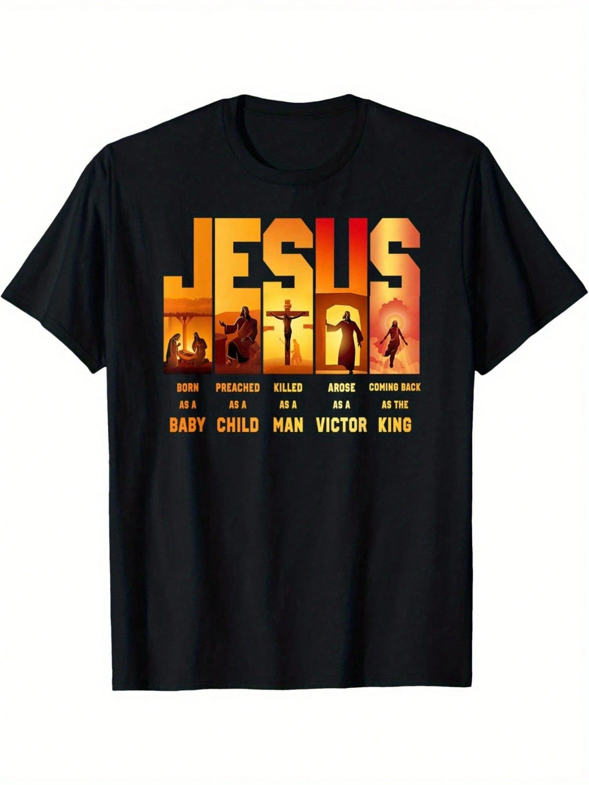 Men'S Graphic T-Shirt Featuring A Design Of, Highlighting His Birth, Teachings, And Triumph, In A Black Color With Striking Yellow And Orange Letterin