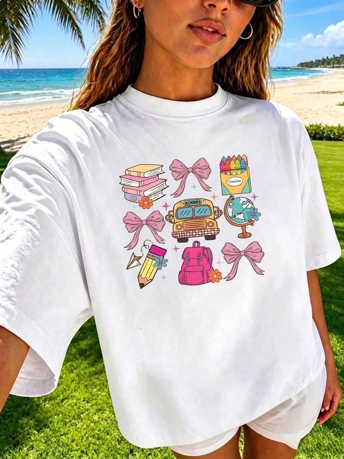 Cute Teacher Coquette School Elements Graphic T‑Shirt, Back To School Bow Book Bus Casual Tee for Women