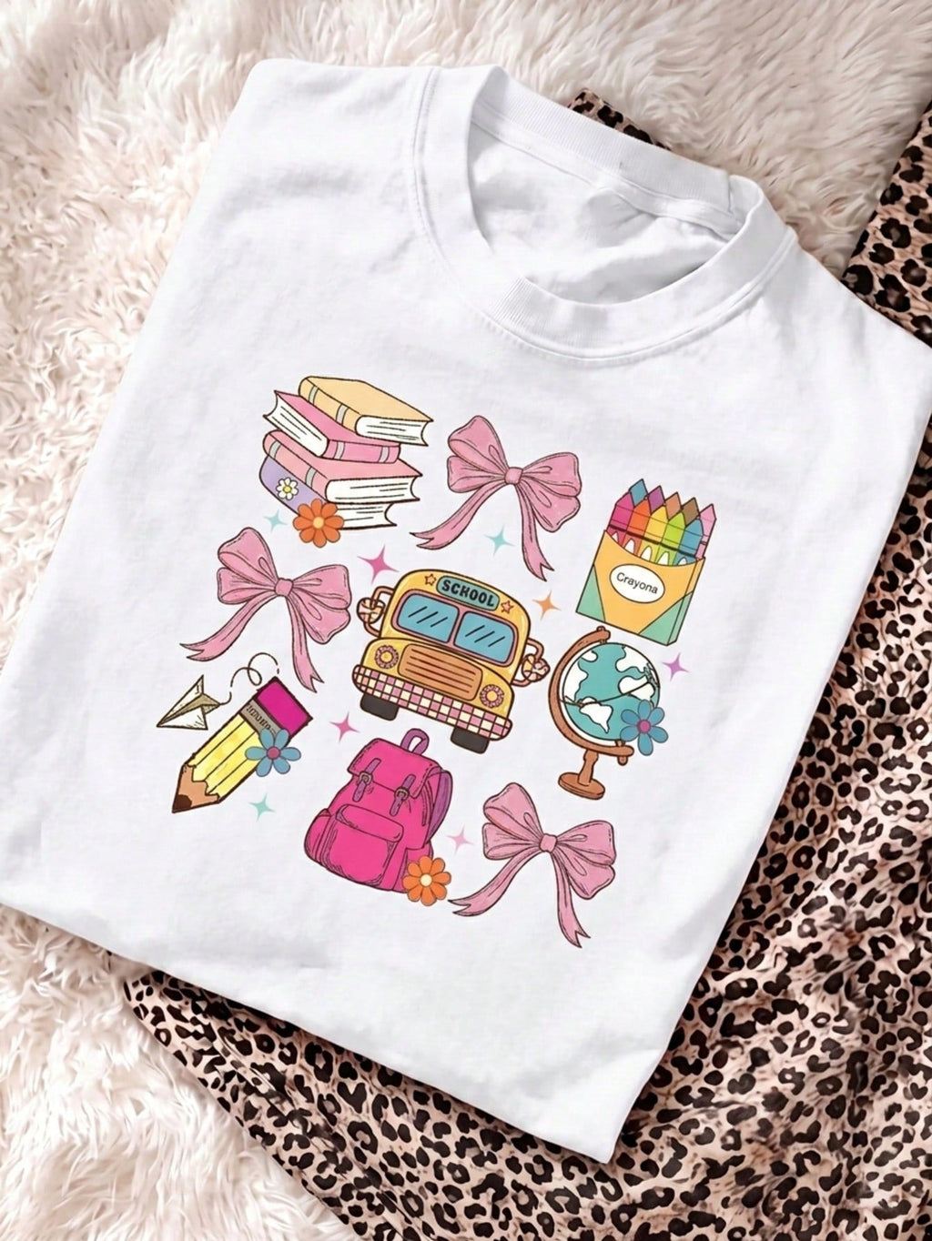 Cute Teacher Coquette School Elements Graphic T‑Shirt, Back To School Bow Book Bus Casual Tee for Women