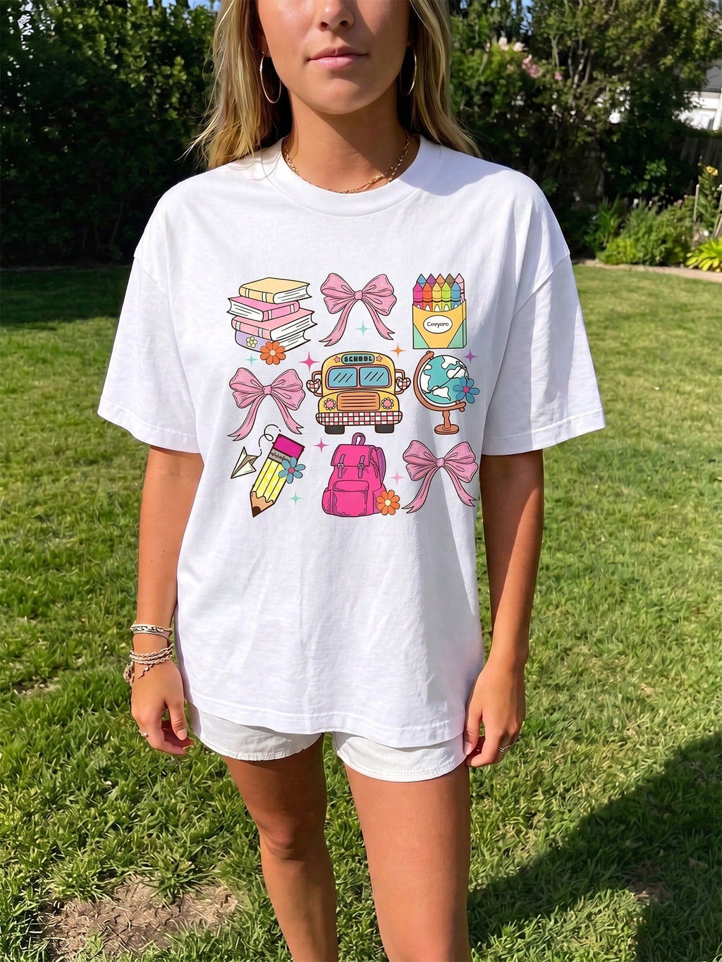 Cute Teacher Coquette School Elements Graphic T‑Shirt, Back To School Bow Book Bus Casual Tee for Women