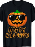 Happy Halloween Unisex Tee, Cool Sunglasses Pumpkin Graphic Casual Short Sleeve T‑Shirt
