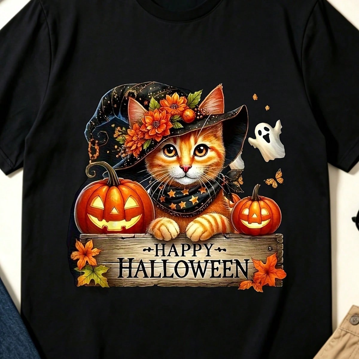 Happy Halloween Unisex Tee, Witch Cat Pumpkin Ghost Fall Graphic Casual Short Sleeve T‑Shirt