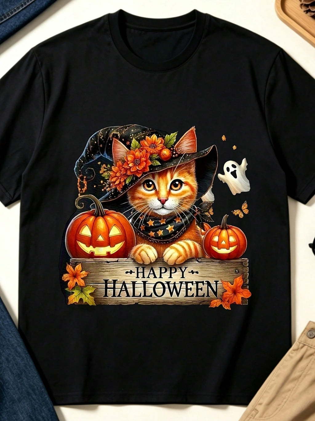 Happy Halloween Unisex Tee, Witch Cat Pumpkin Ghost Fall Graphic Casual Short Sleeve T‑Shirt