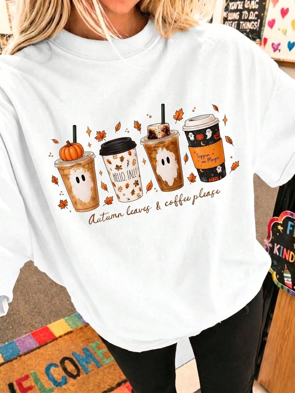 Autumn Leaves And Coffee, With Pumpkin Spices Enhancing The Design, Create A Cute And Unique Coffee Experience.