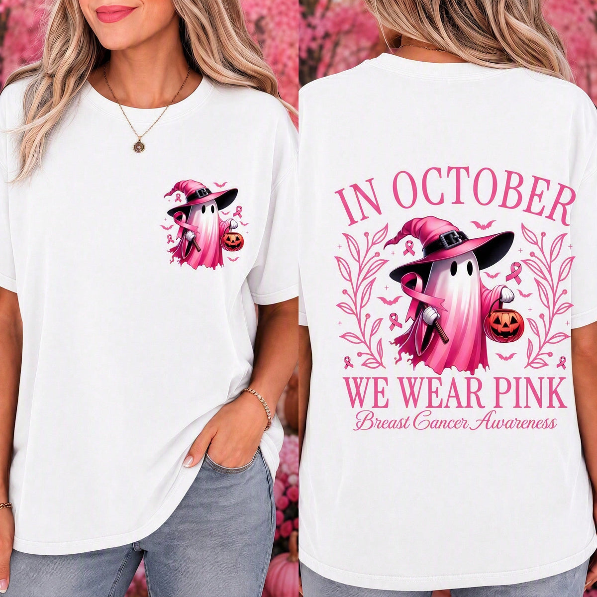 In October We Wear Pink Breast Cancer Awareness Halloween Ghost Witch Shirt Women Funny Autumn Festival Graphic Tee Top