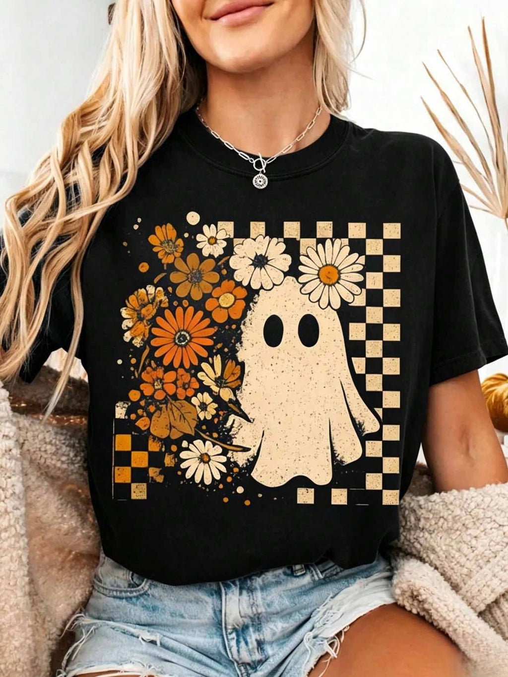 Retro Floral Halloween Shirt, Checkered Ghost T-Shirt, Groovy Halloween Tee, Spooky Floral Shirt, Vintage Ghost Gift Tee, Funny T-Shirt