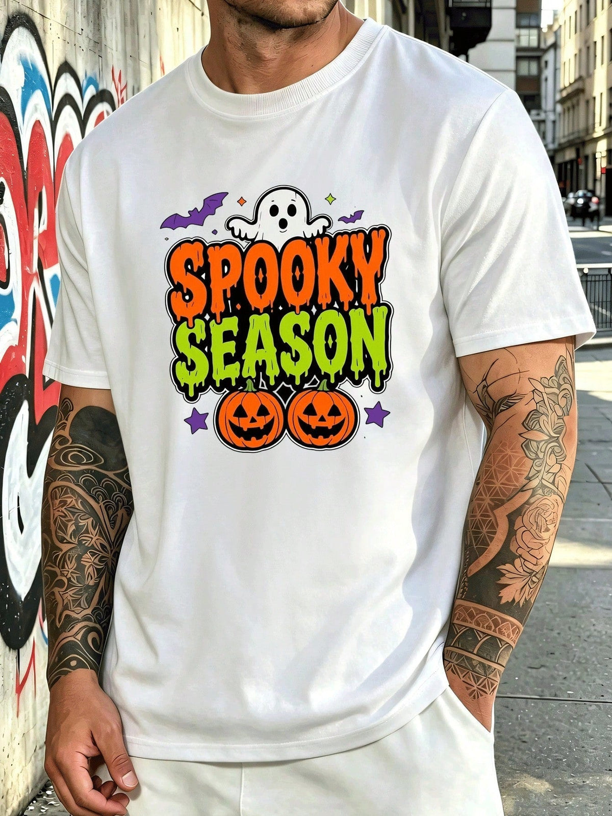 Spooky Season Unisex Tee, Halloween Ghost Pumpkin Bat Graphic Casual Short Sleeve T‑Shirt
