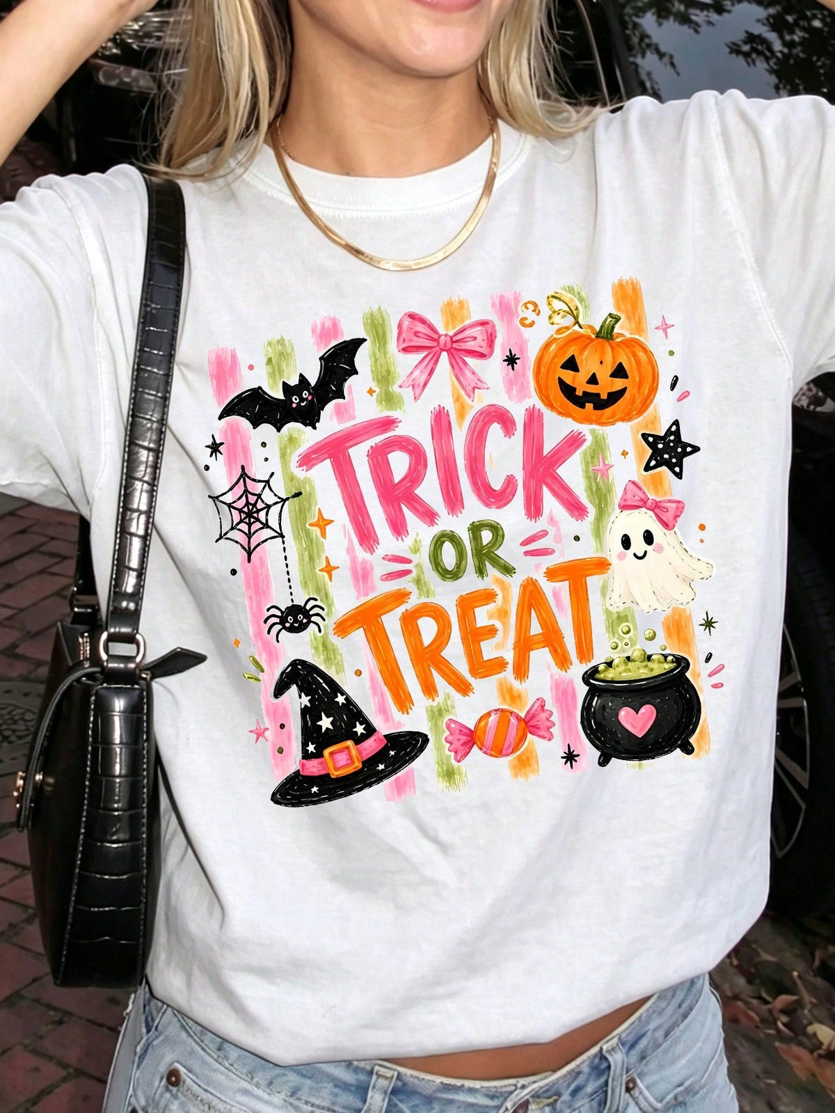 Retro Pink Halloween Trick Or Treat Graphic Tee Coquette Aesthetic Short Sleeve Varsity Style Top For Women