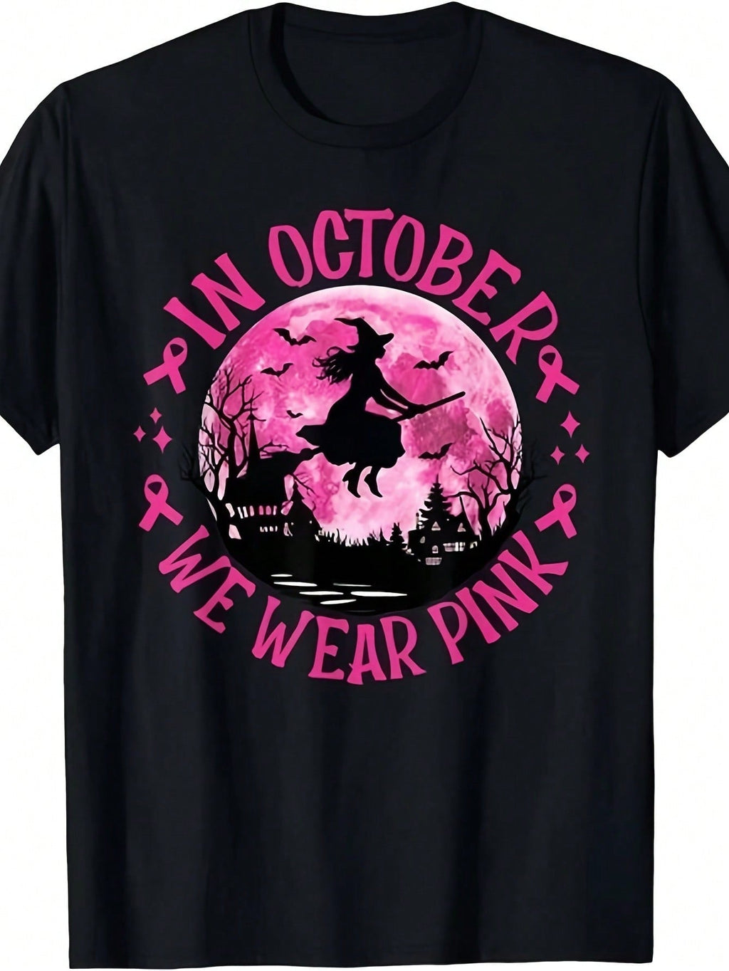In October We Wear Pink Breast Cancer Awareness Halloween Ghost Witch Shirt Women Funny Autumn Festival Graphic Tee Top