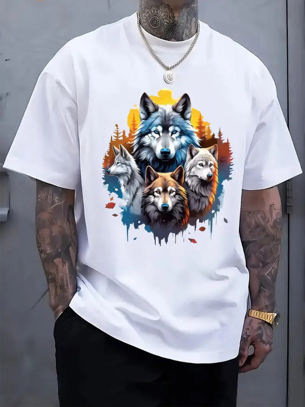 Mens Plus Size Wolf Forest Sunset Art Graphic Casual Summer Short?Sleeve T?Shirt