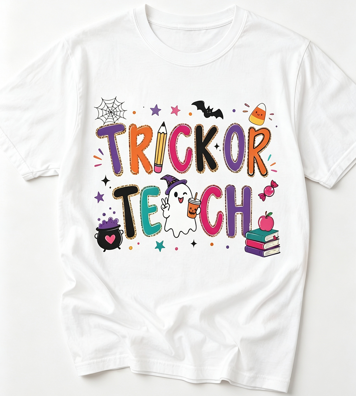 Teacher Halloween Shirt Trick or Teach Graphic Tee Women Back-to-School Teacher Tshirts，Crew Neck Casual Women Tee