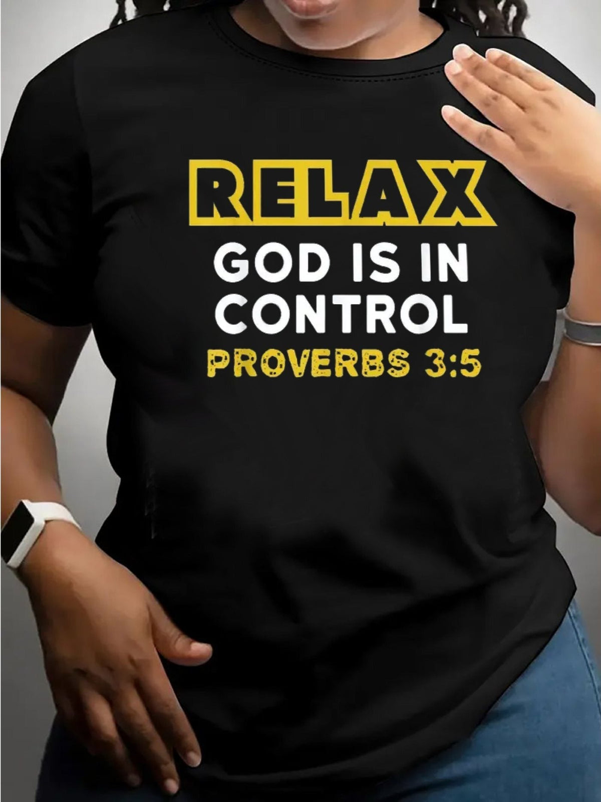Relax God Is In Control Proverbs 3:5 Women's Graphic T‑Shirt, Christian Faith Inspirational Short‑Sleeve Crew Neck Casual Tee Tops