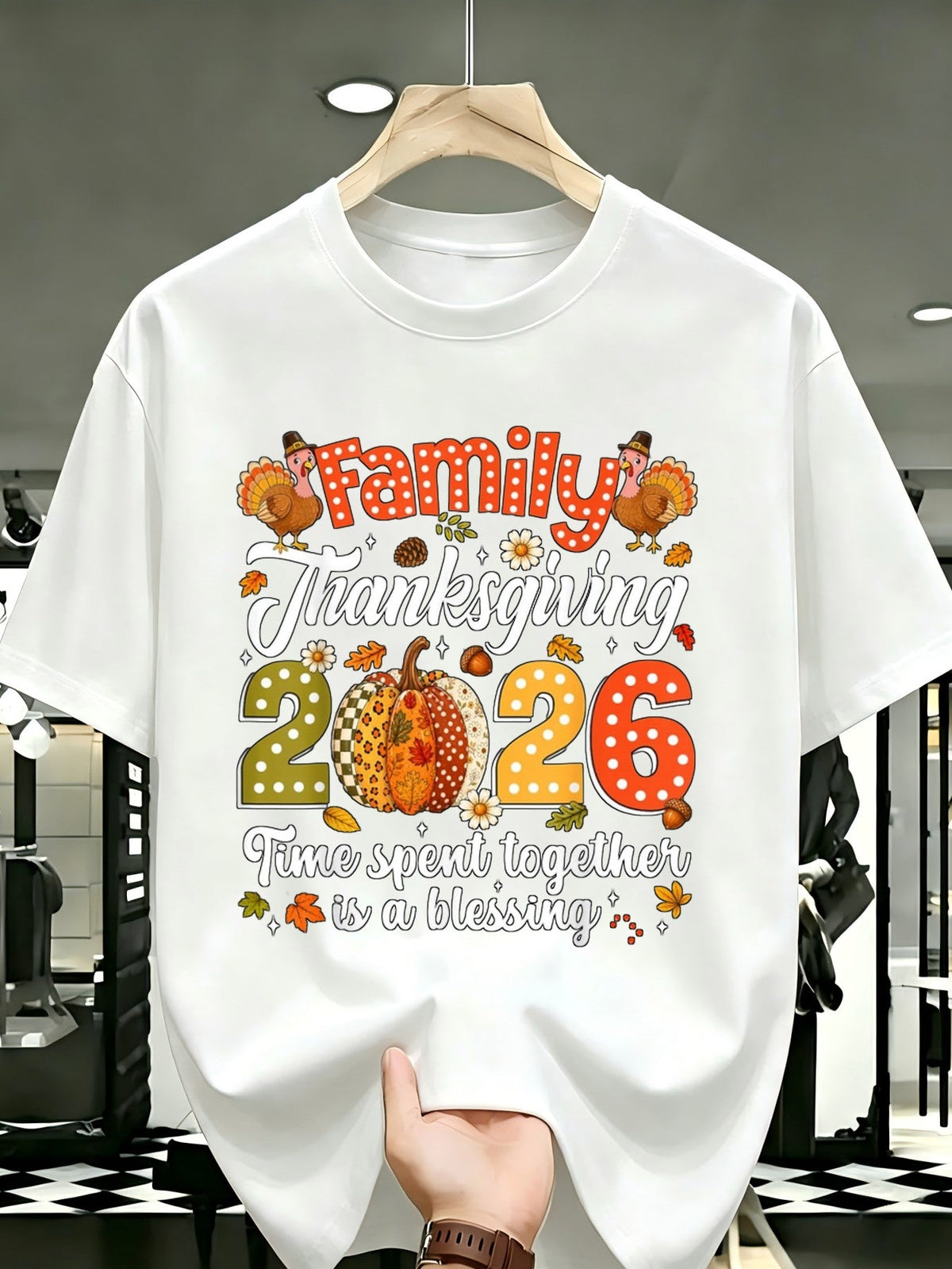 Family Thanksgiving 2026 Graphic T-Shirt, Turkey Pumpkin Fall Tee, Casual Short Sleeve Shirt