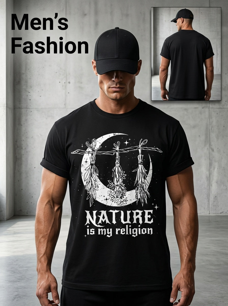 Nature Is My Religion Crescent Moon Witch Wiccan Graphic Tee for Men Women, Pagan Spiritual Short Sleeve T-Shirt, Casual Crew Neck Top for Nature Lover Gift