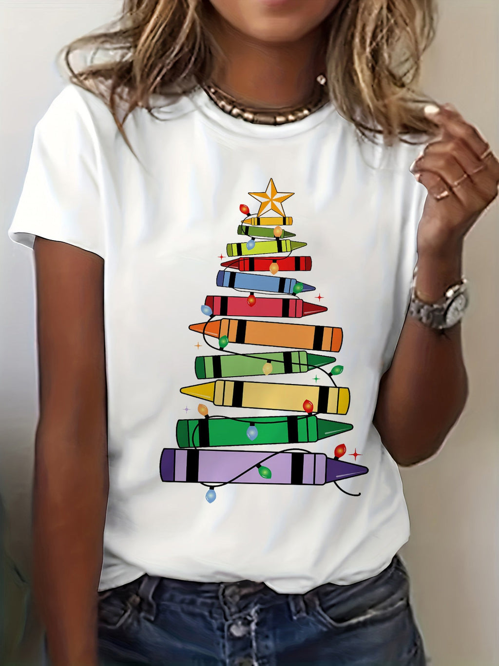 Festive Art Teacher Casual T‑Shirt, Color Crayon Stacked Christmas Tree With Holiday Lights Women’s Short Sleeve Graphic Tee