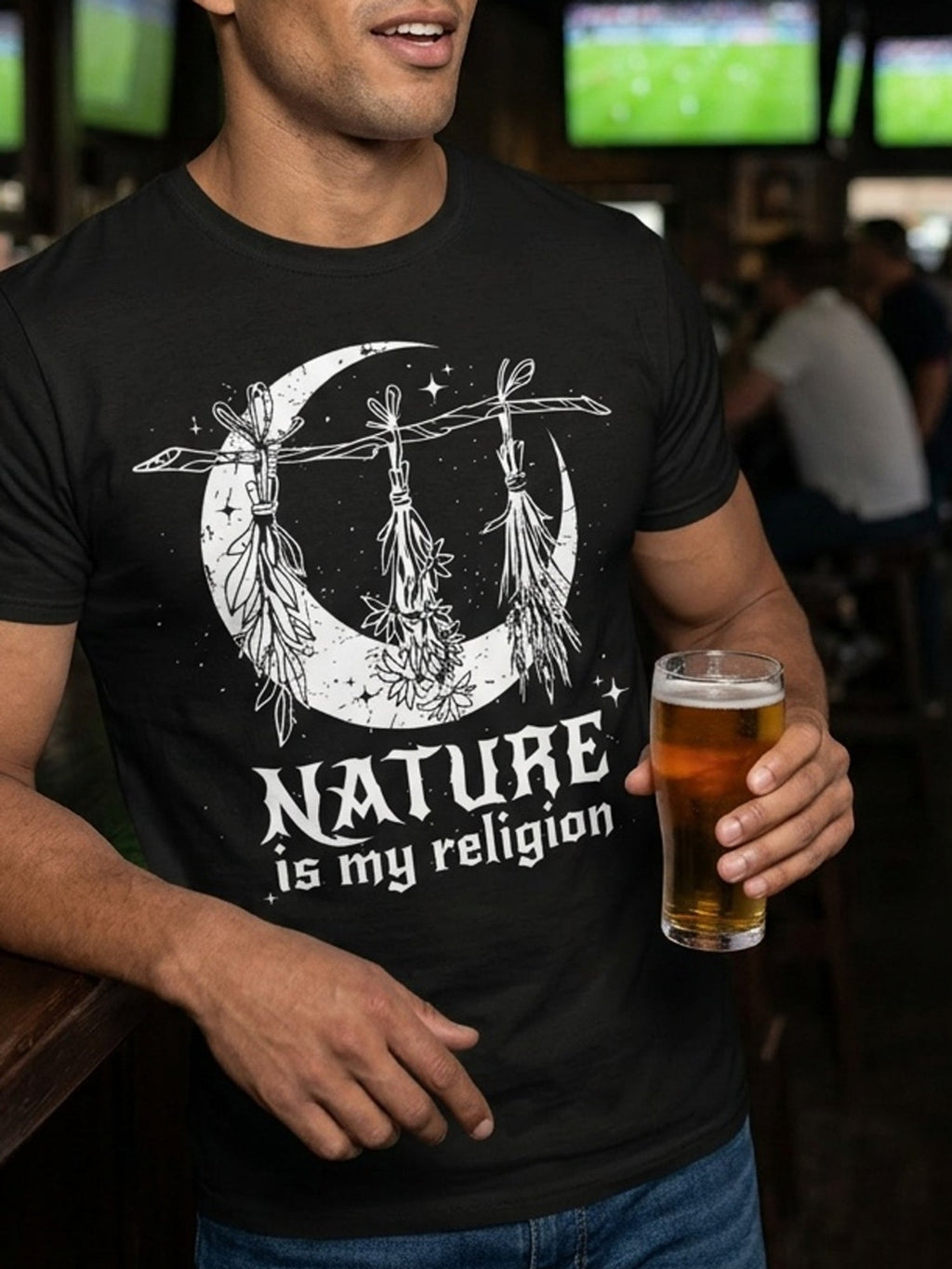 Nature Is My Religion Crescent Moon Witch Wiccan Graphic Tee for Men Women, Pagan Spiritual Short Sleeve T-Shirt, Casual Crew Neck Top for Nature Lover Gift