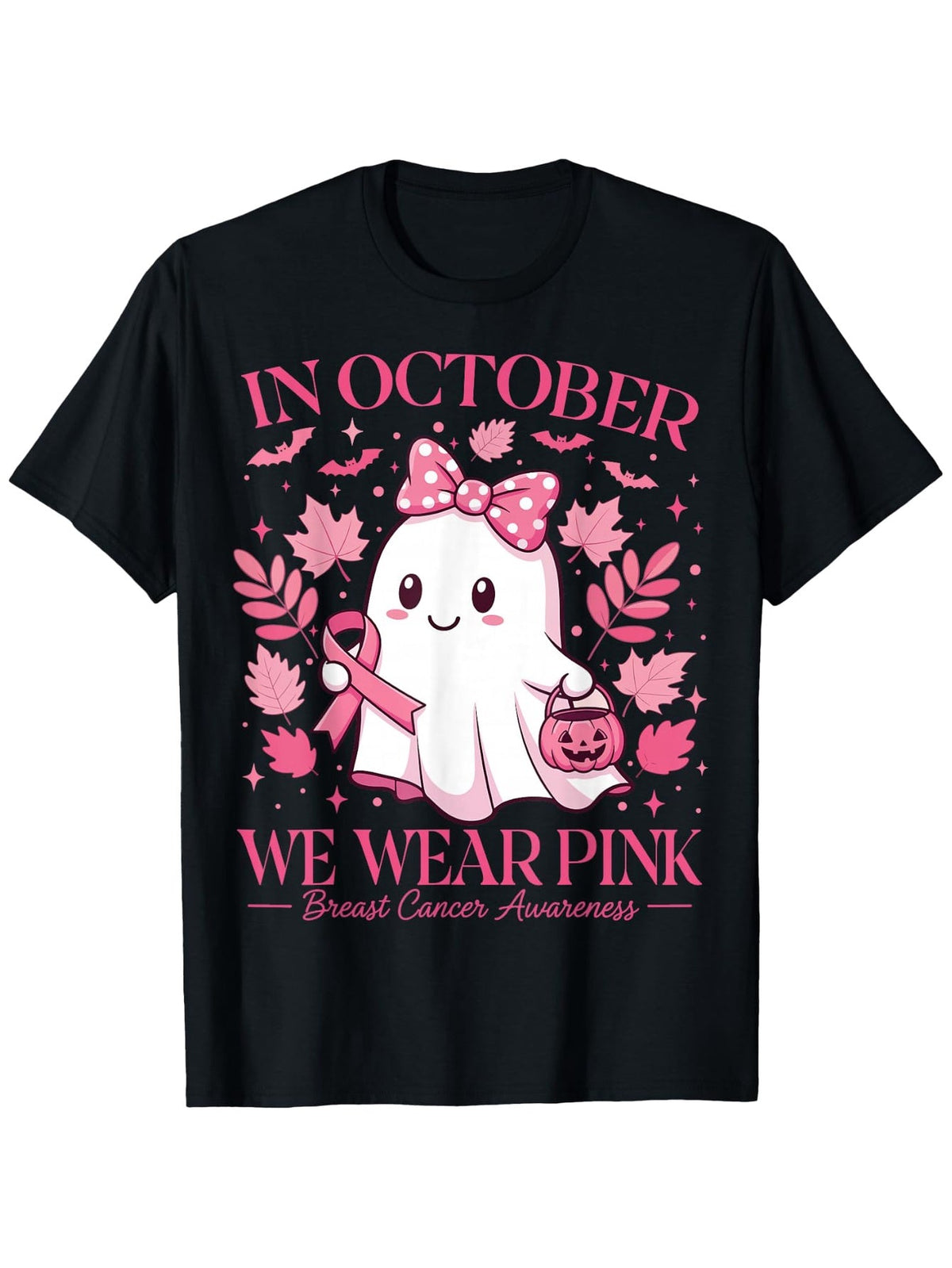 In October We Wear Pink Breast Cancer Awareness Ghost Pumpkin Graphic Tee for Men Women, Pink Ribbon Support Short Sleeve T-Shirt, Casual Crew Neck Top for Survivor Gift