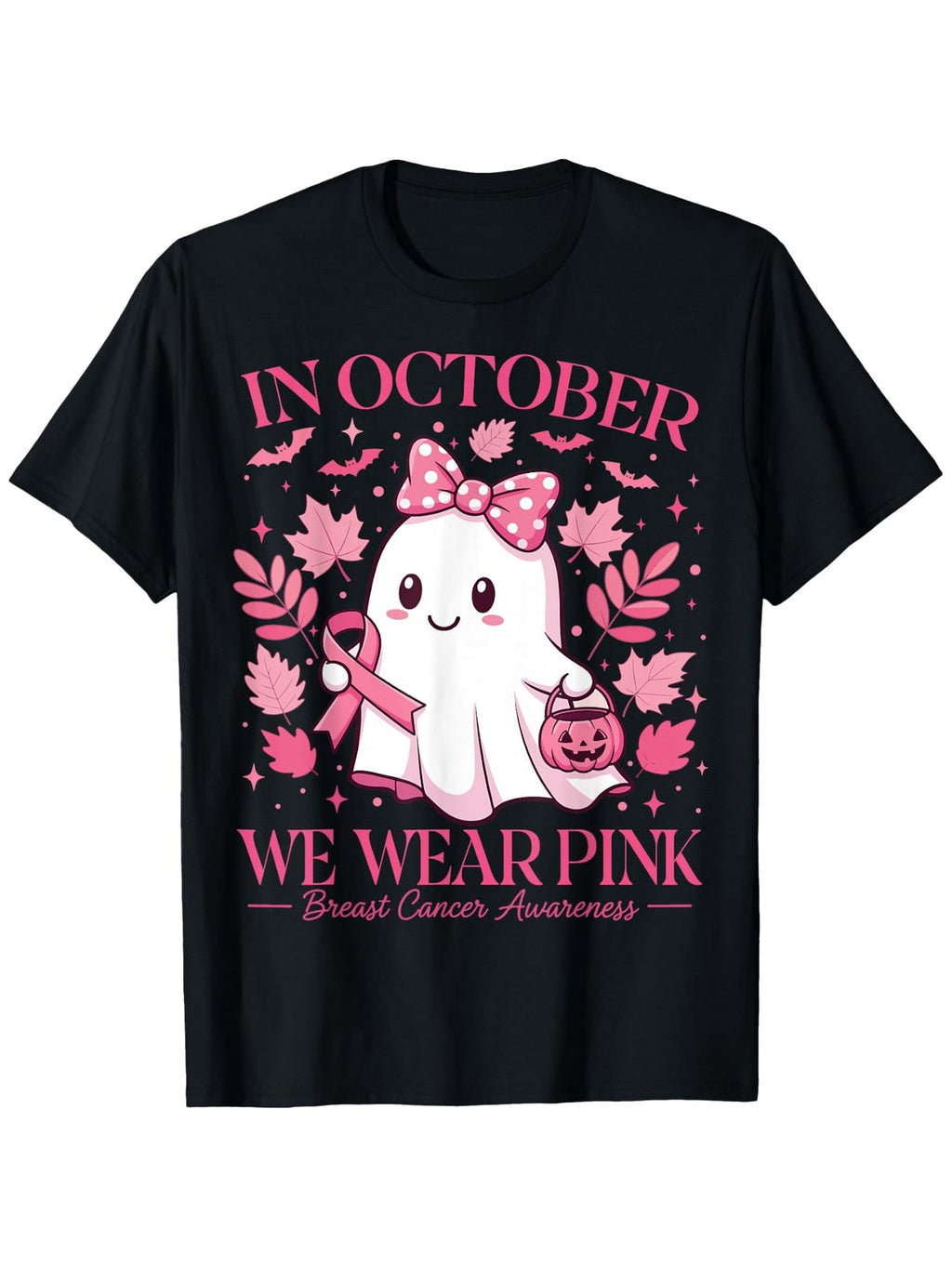 In October We Wear Pink Breast Cancer Awareness Ghost Pumpkin Graphic Tee for Men Women, Pink Ribbon Support Short Sleeve T-Shirt, Casual Crew Neck Top for Survivor Gift