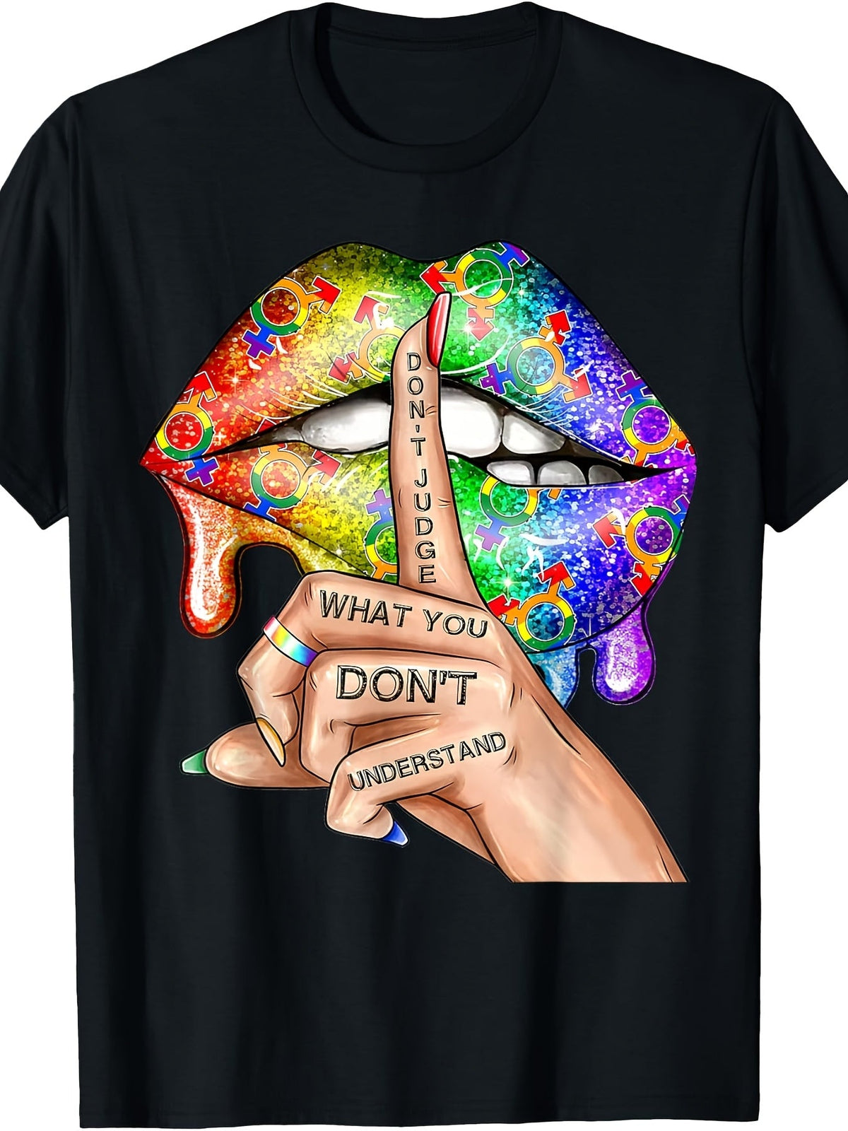 Don't Judge What You Don't Understand LGBTQ Pride Graphic T‑Shirt, Rainbow Lips Short‑Sleeve Crew Neck Casual Tee Tops