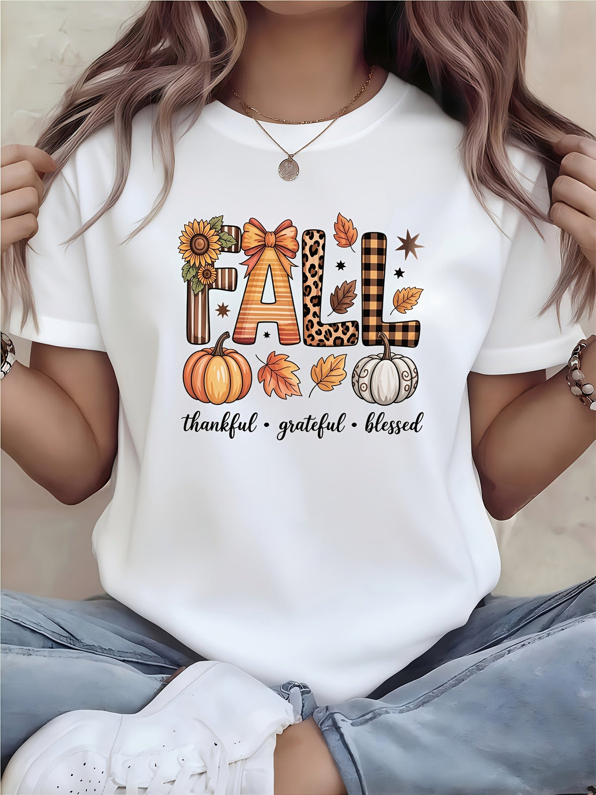 Thankful Grateful Blessed Fall T-Shirt for Women, Pumpkin Leopard Plaid Thanksgiving Graphic Tee