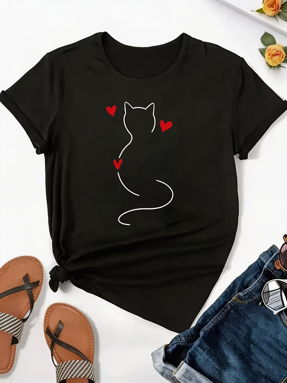 Women’s Cat Lover Graphic T‑Shirt, Minimalist Cat Silhouette Heart Casual Gift Short Sleeve Tee