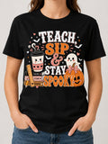 Teach Sip And Stay Spooky Teacher Graphic Tee for Women, Halloween Teacher Coffee Shirt，Women Tshirts