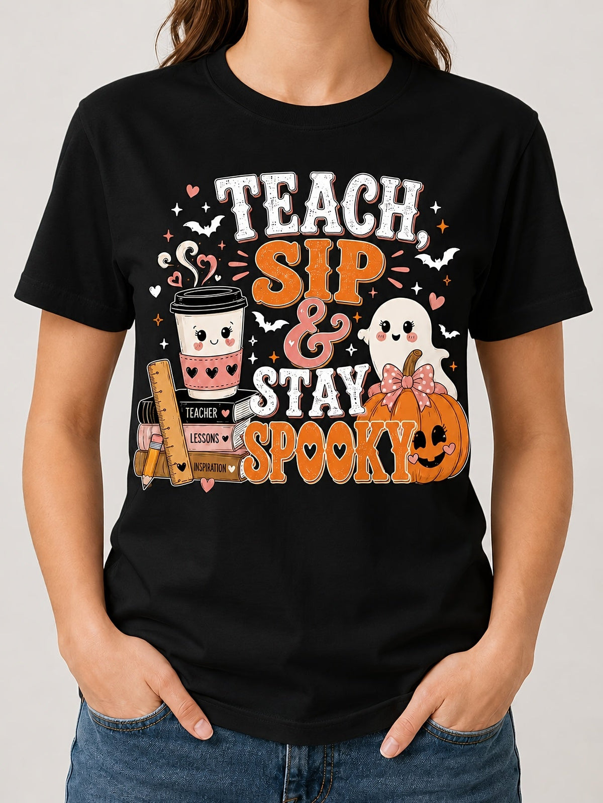 Teach Sip And Stay Spooky Teacher Graphic Tee for Women, Halloween Teacher Coffee Shirt，Women Tshirts