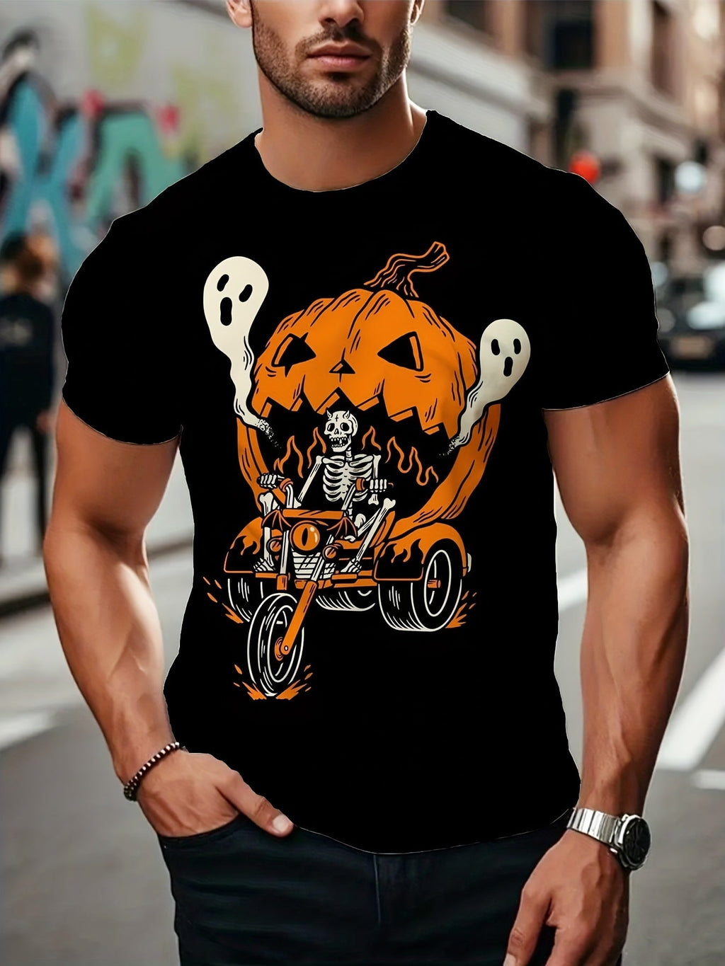 Halloween Pattern T-Shirt - Skull Motorcycle Pumpkin Ghost Print - Black Orange Street Style Short Sleeve Top - Party Dressing And Casual Wear