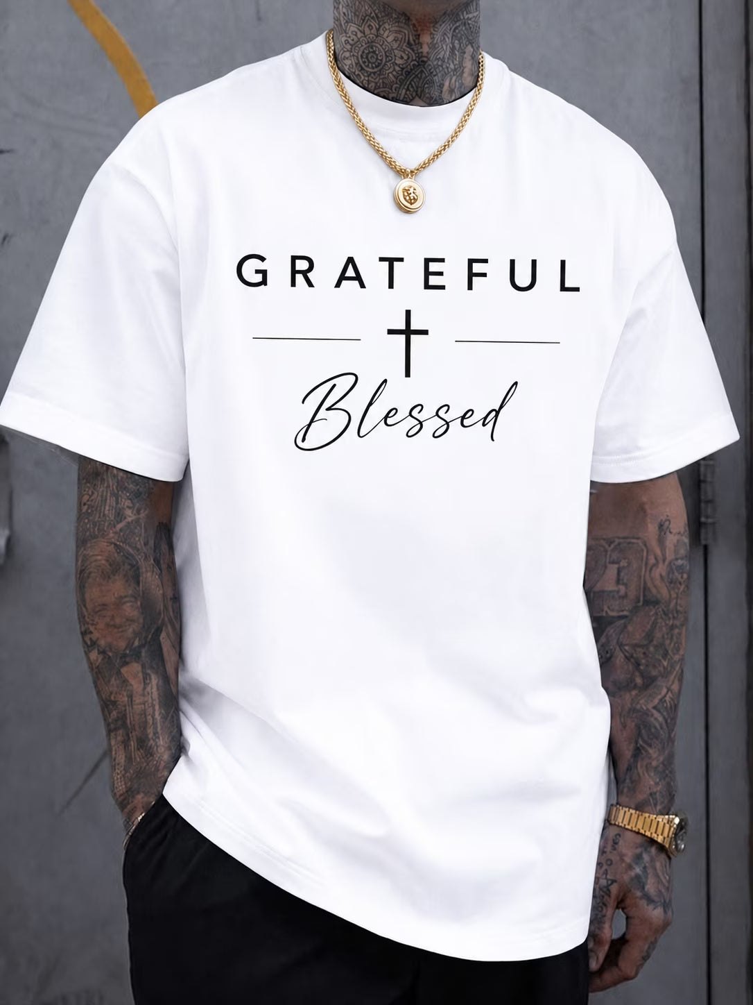 Men's Grateful Blessed Graphic T Shirt, Faith Cross Print Short Sleeve Cotton Casual Tee, Inspirational Christian Style Shirt