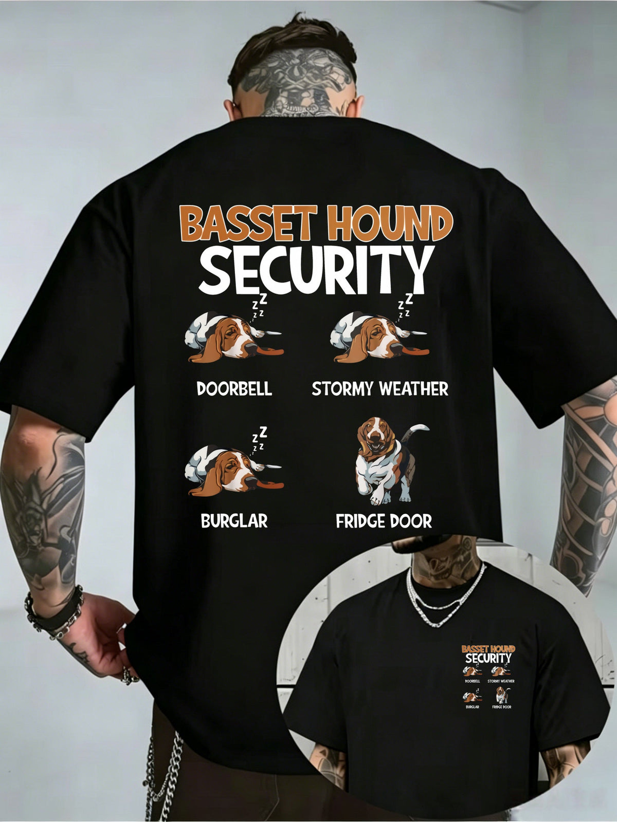 Basset Hound Security Funny Dog Double Sided Graphic TShirt Pet Lover Humor Casual TShirt
