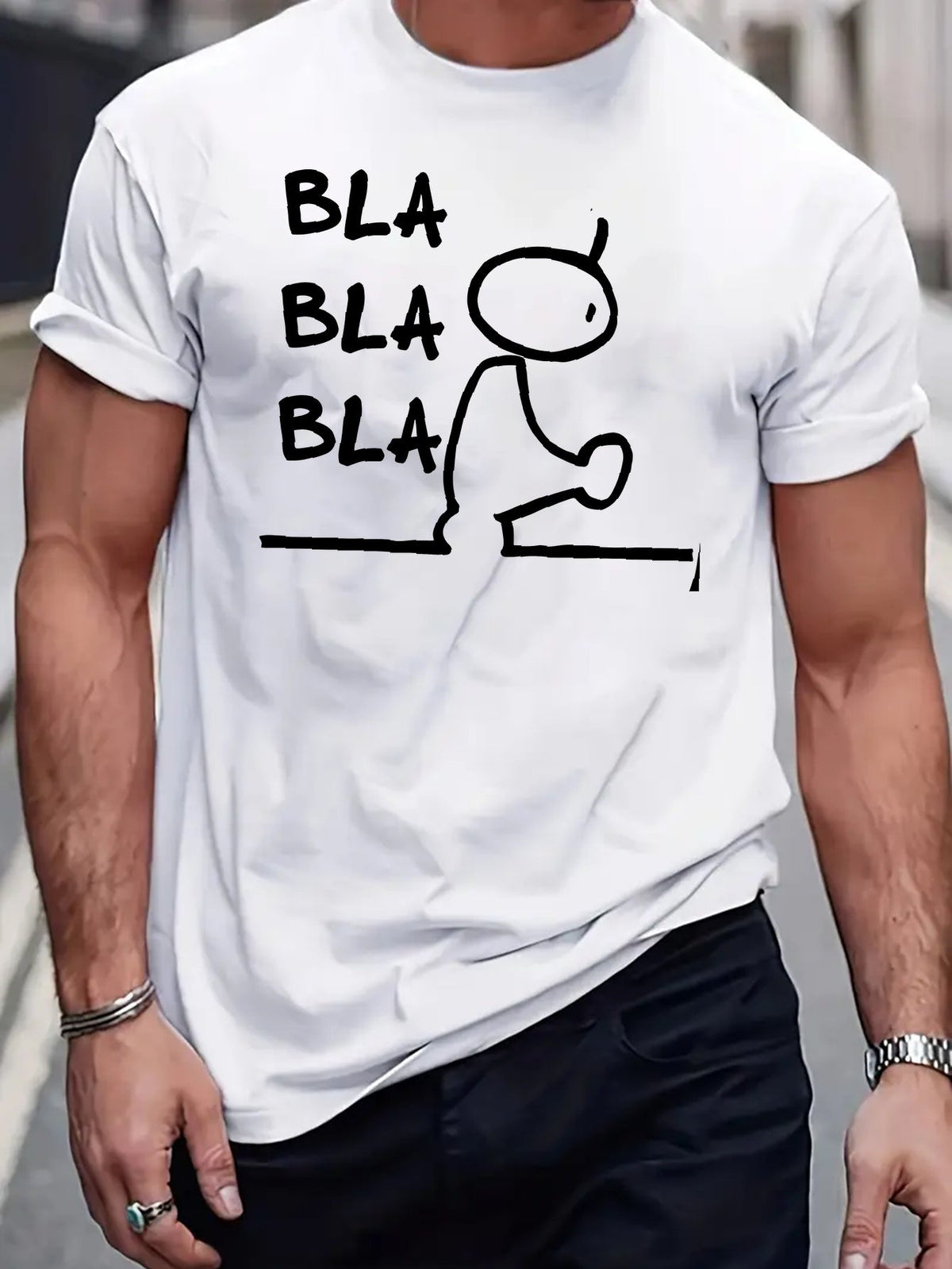 Men's T-Shirt Bla Bla Bla Stick Figure Summer Round-Neck T-Shirt, Machine Washable, Suitable for Daily And Outdoor Activities, Casual And Loose, Breathable Fabric, Trendy, Young, Fashionable