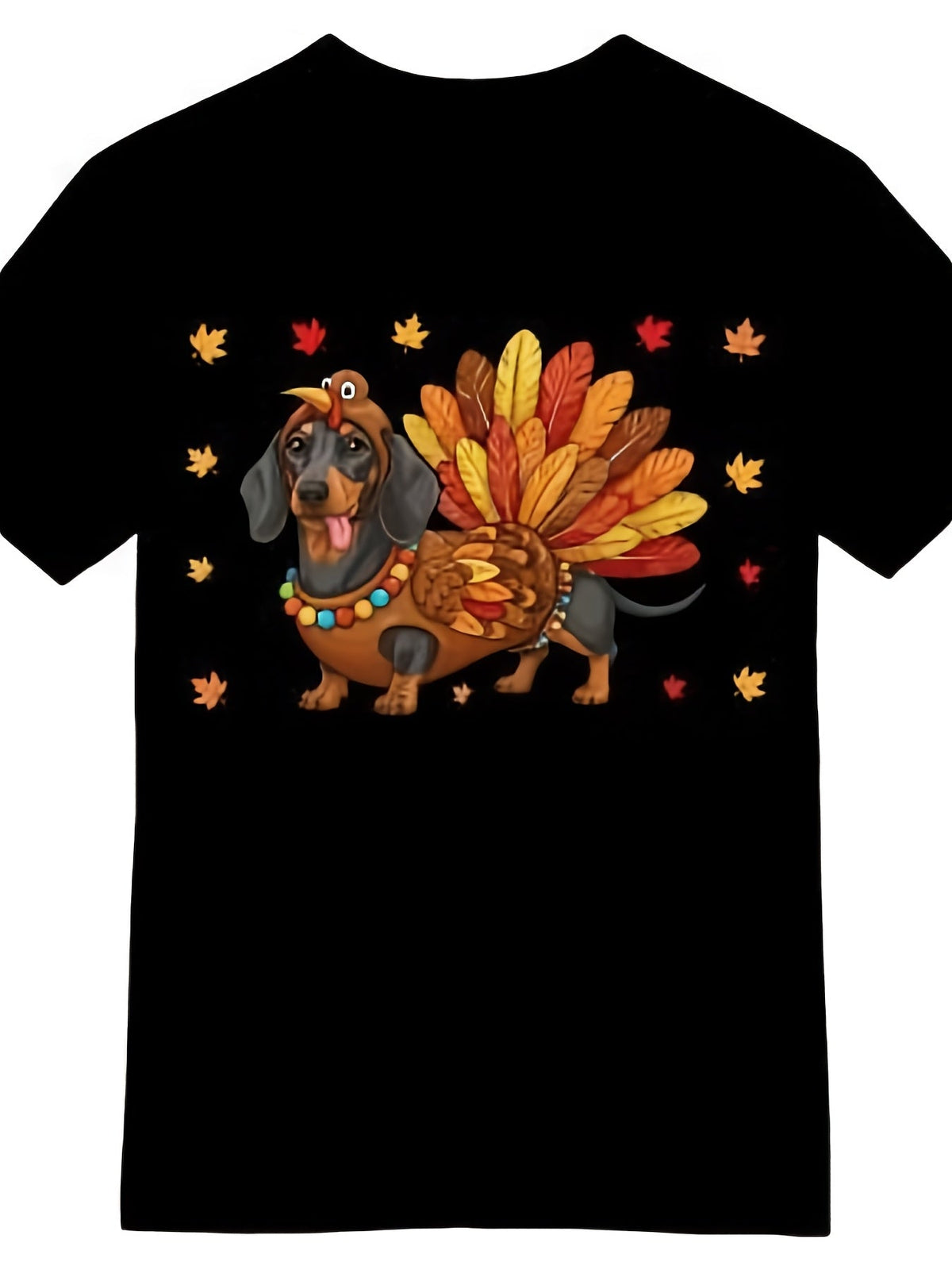 Men & Women Funny Dachshund Turkey Costume Graphic T?Shirt, Fall Maple Leaf Print Short?Sleeve Crew Neck Tee, Casual Thanksgiving Holiday Gift Top
