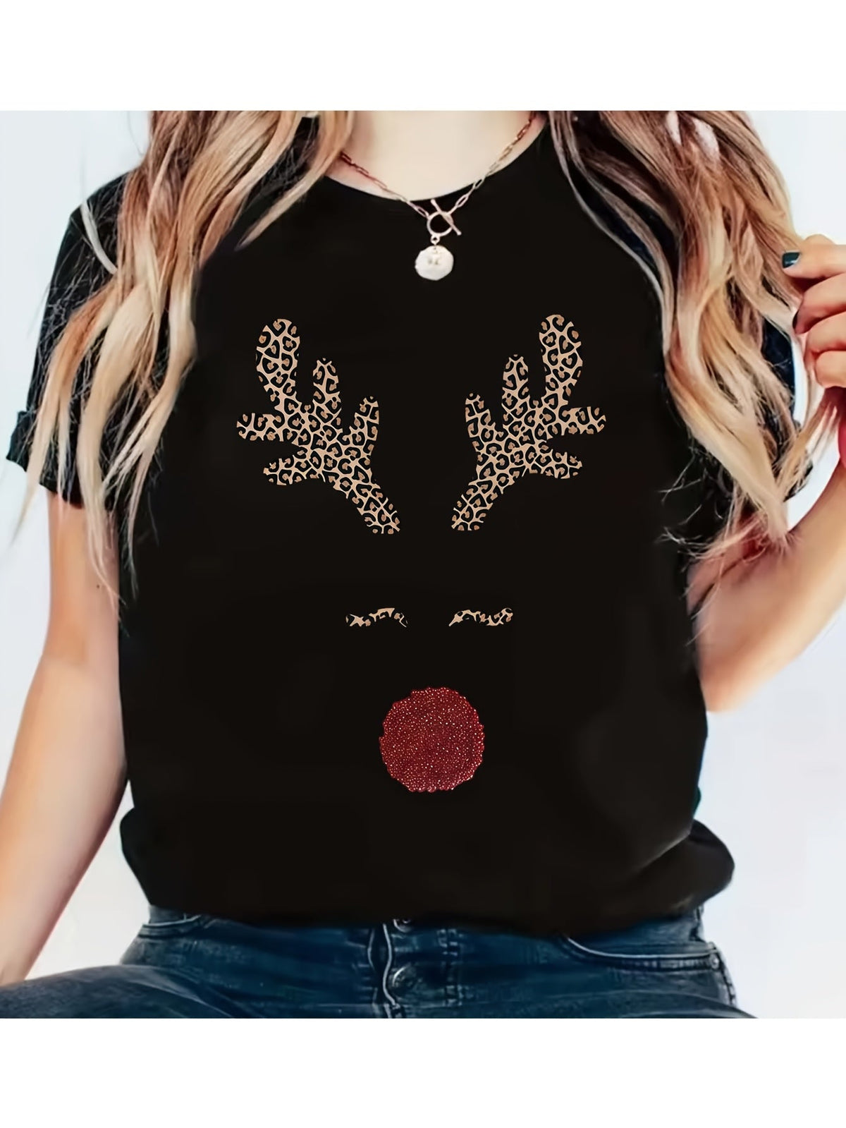 Women's Christmas Reindeer Graphic T-Shirt Cute Leopard Antler Red Nose Holiday Tee Casual Short Sleeve Crewneck Gift Top