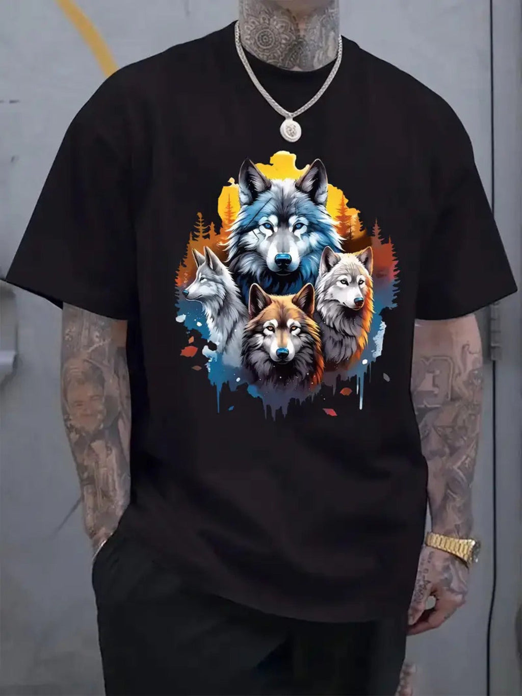 Mens Plus Size Wolf Forest Sunset Art Graphic Casual Summer Short?Sleeve T?Shirt