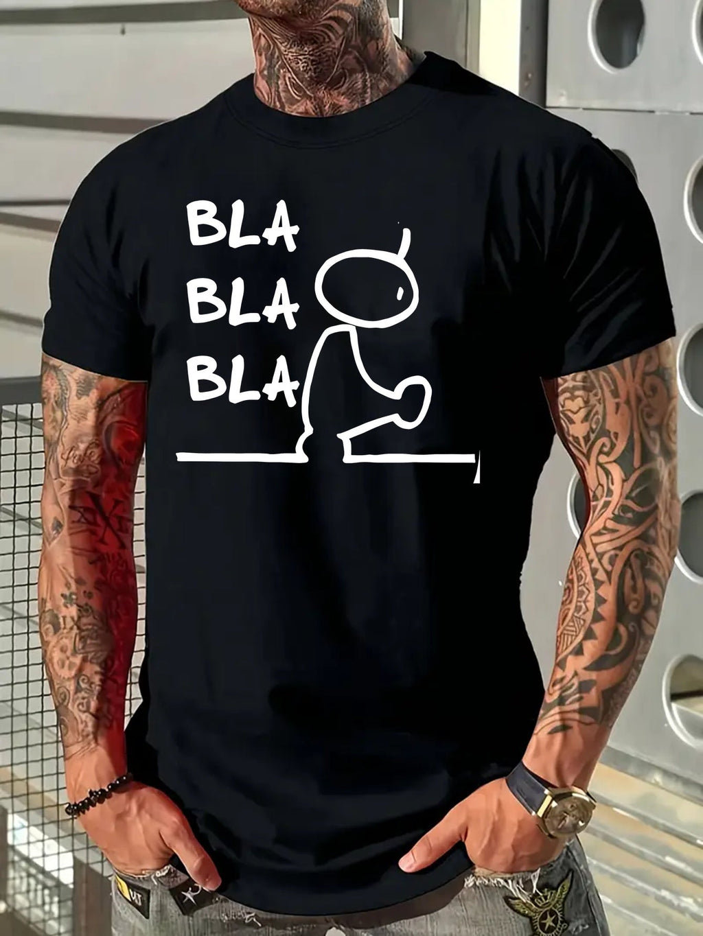 Men's T-Shirt Bla Bla Bla Stick Figure Summer Round-Neck T-Shirt, Machine Washable, Suitable for Daily And Outdoor Activities, Casual And Loose, Breathable Fabric, Trendy, Young, Fashionable