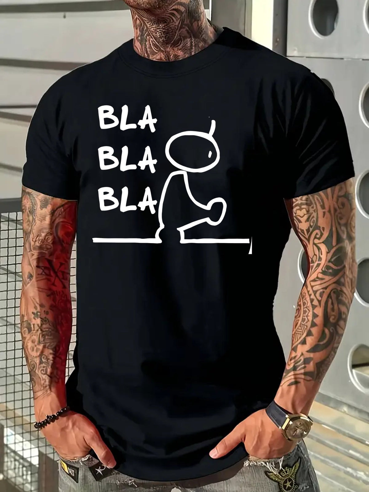 Men's T-Shirt Bla Bla Bla Stick Figure Summer Round-Neck T-Shirt, Machine Washable, Suitable for Daily And Outdoor Activities, Casual And Loose, Breathable Fabric, Trendy, Young, Fashionable